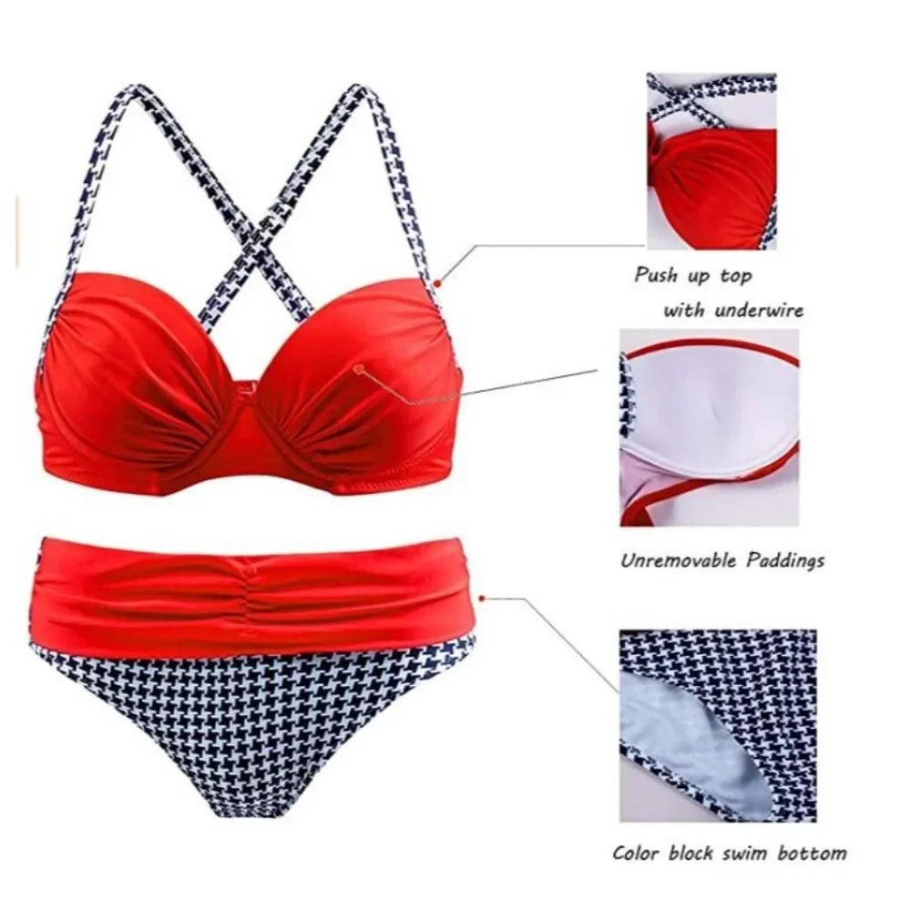 Actloe Women Color Block Bikini Swimsuit Two Pieces Swimwear Push up Bathing Sui - Picture 3 of 11